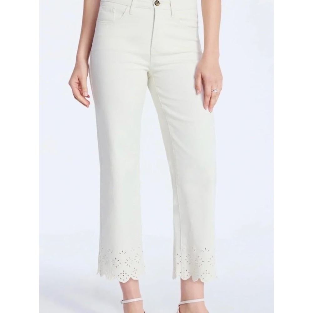 White High Rise Straight Leg Eyelet Scallop Hem Denim Jeans 16 NWT